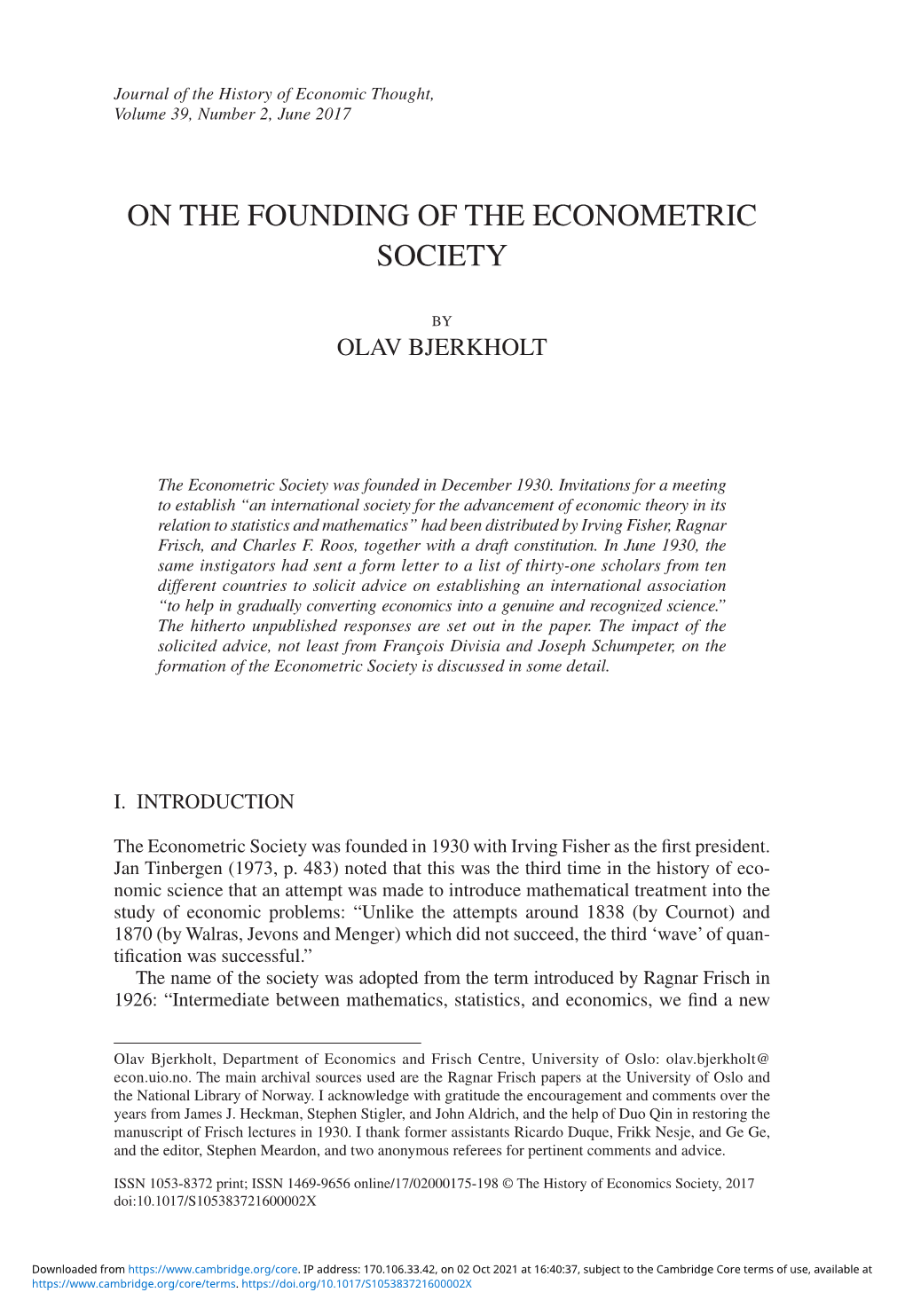 On the Founding of the Econometric Society