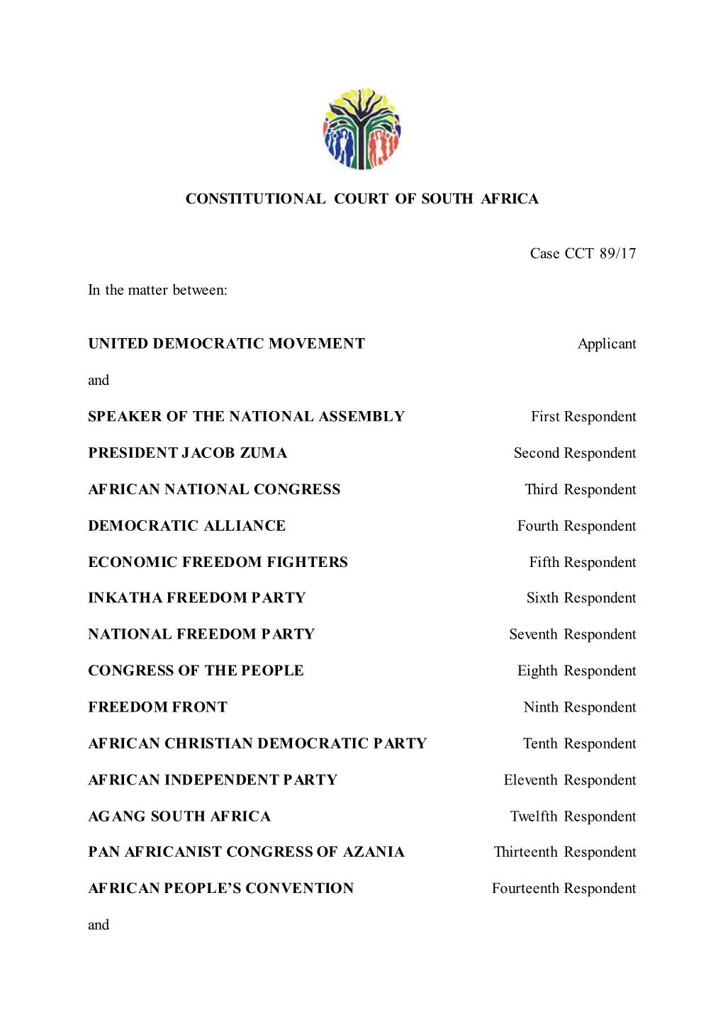 United Democratic Movement V. Speaker of the National Assembly