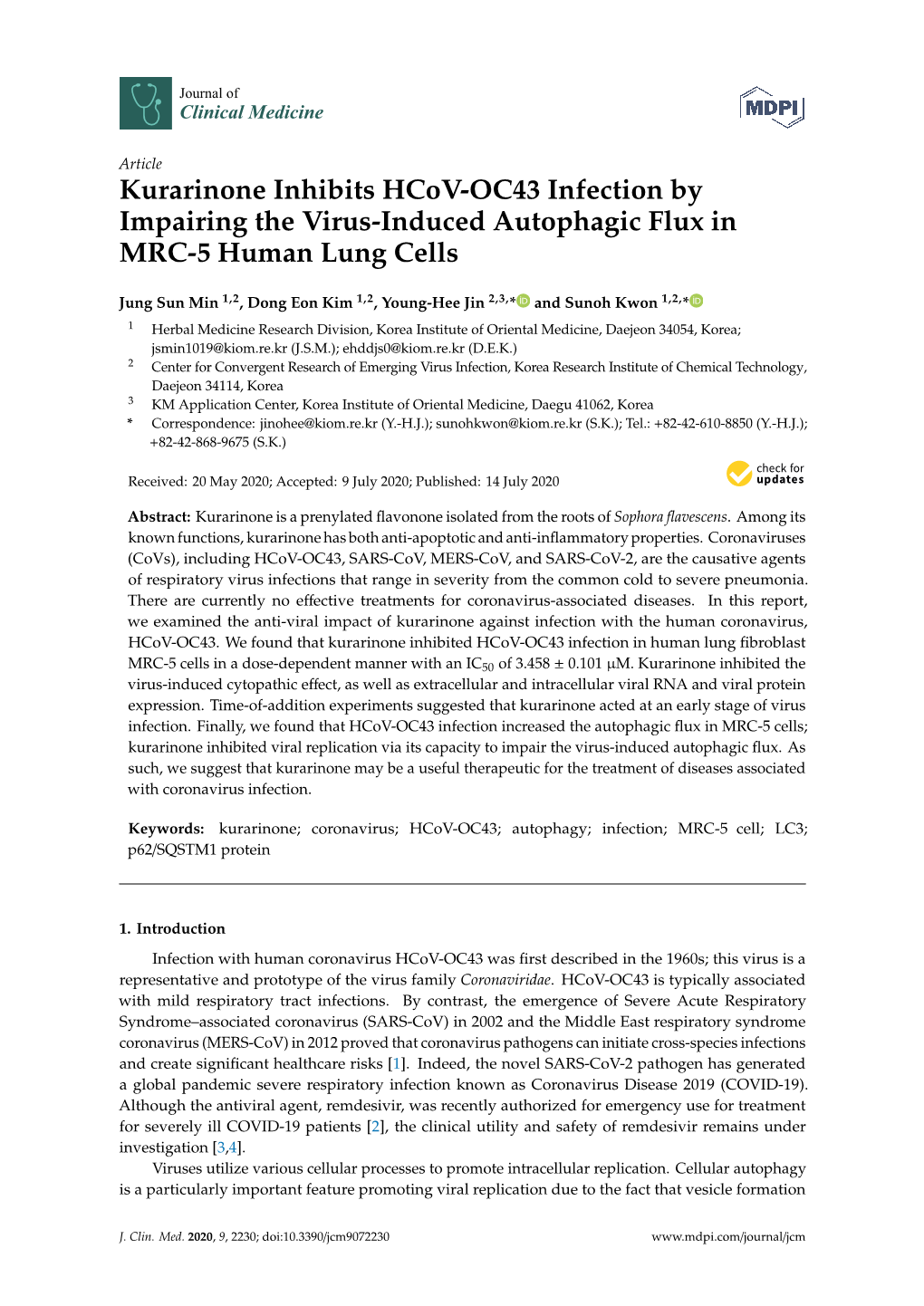 Kurarinone Inhibits Hcov-OC43 Infection by Impairing the Virus-Induced Autophagic Flux in MRC-5 Human Lung Cells