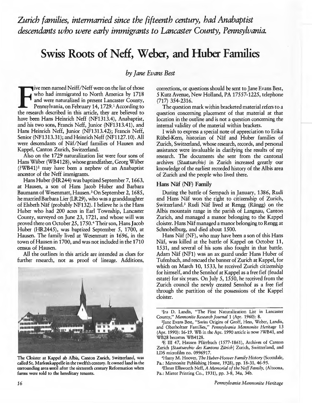 Swiss Roots of Neff, Weber, and Huber Families