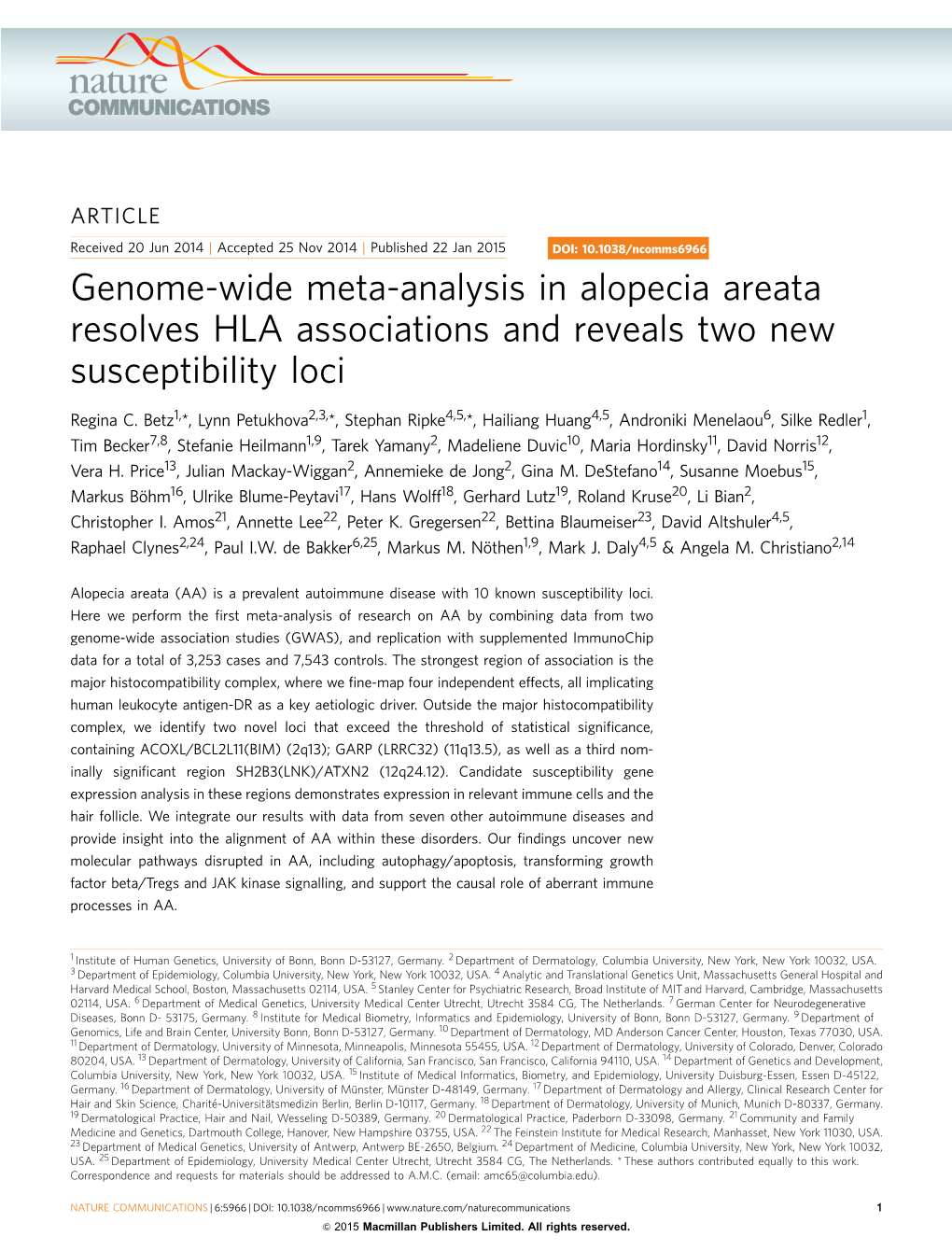 Genome-Wide Meta-Analysis in Alopecia Areata Resolves HLA Associations and Reveals Two New Susceptibility Loci