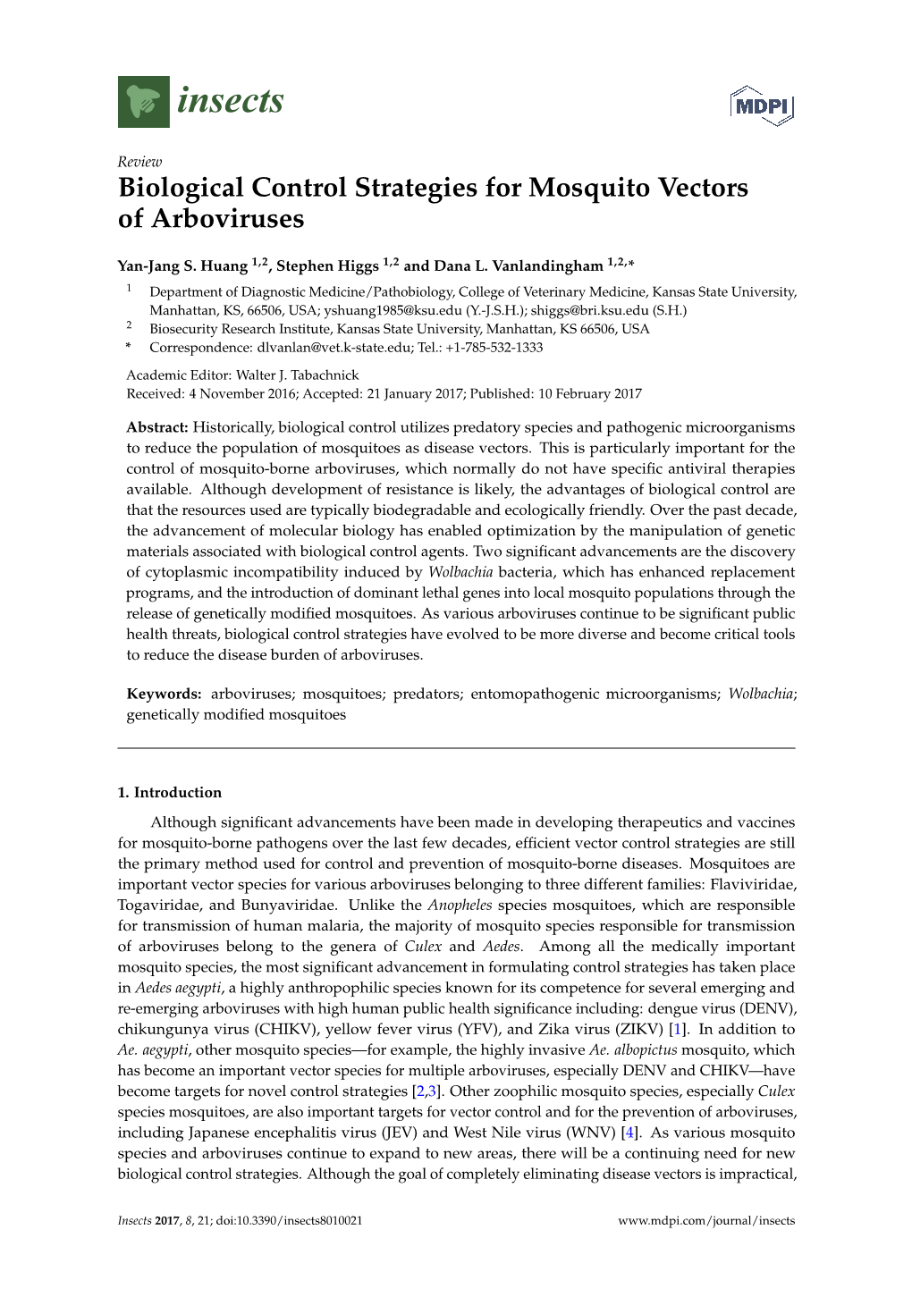 Biological Control Strategies for Mosquito Vectors of Arboviruses