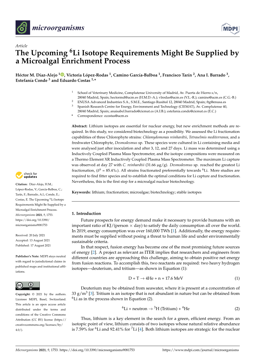 The Upcoming 6Li Isotope Requirements Might Be Supplied by a Microalgal Enrichment Process