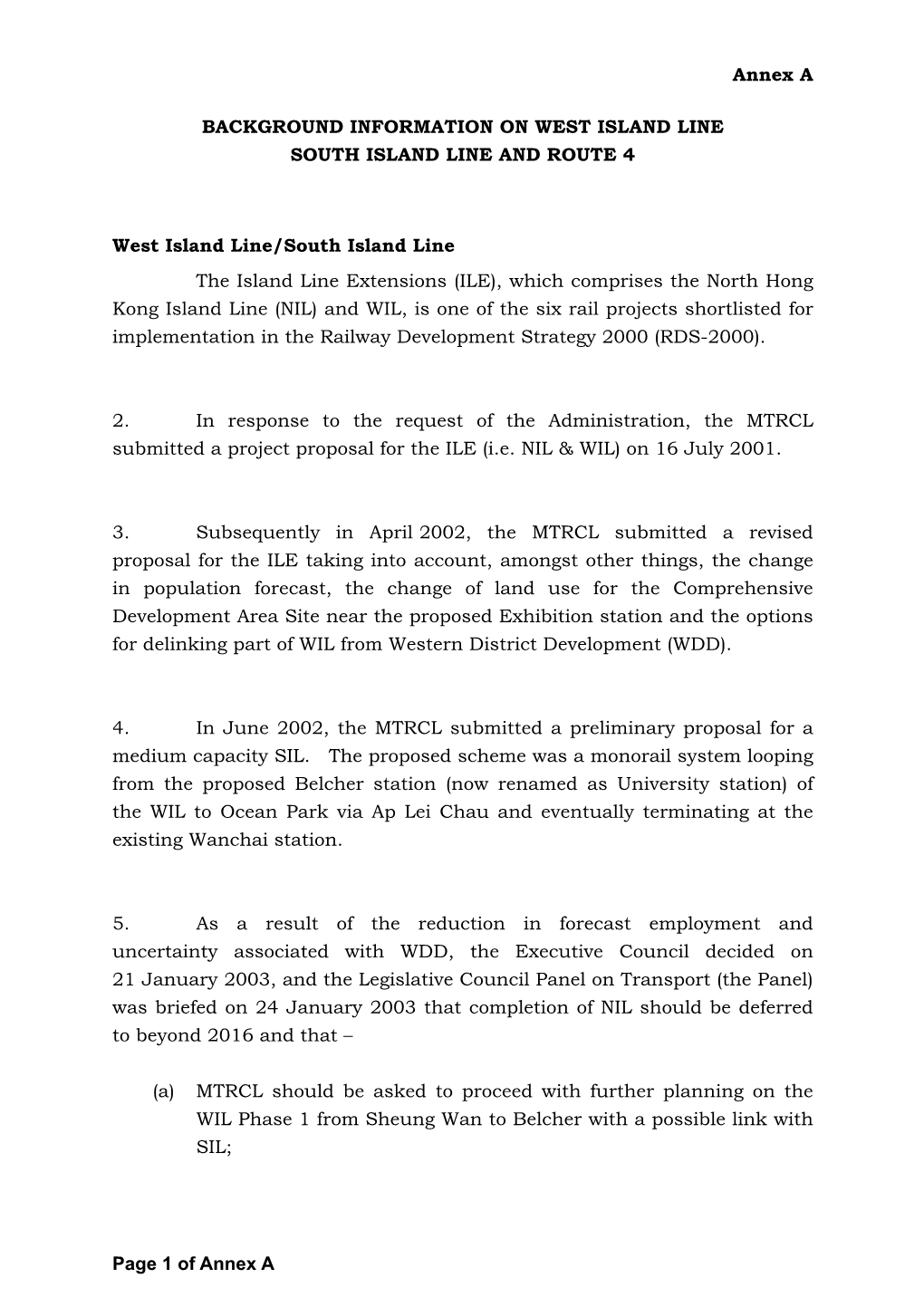 Annex a Page 1 of Annex a BACKGROUND INFORMATION on WEST ISLAND LINE SOUTH ISLAND LINE and ROUTE 4 West Island Line/South Island