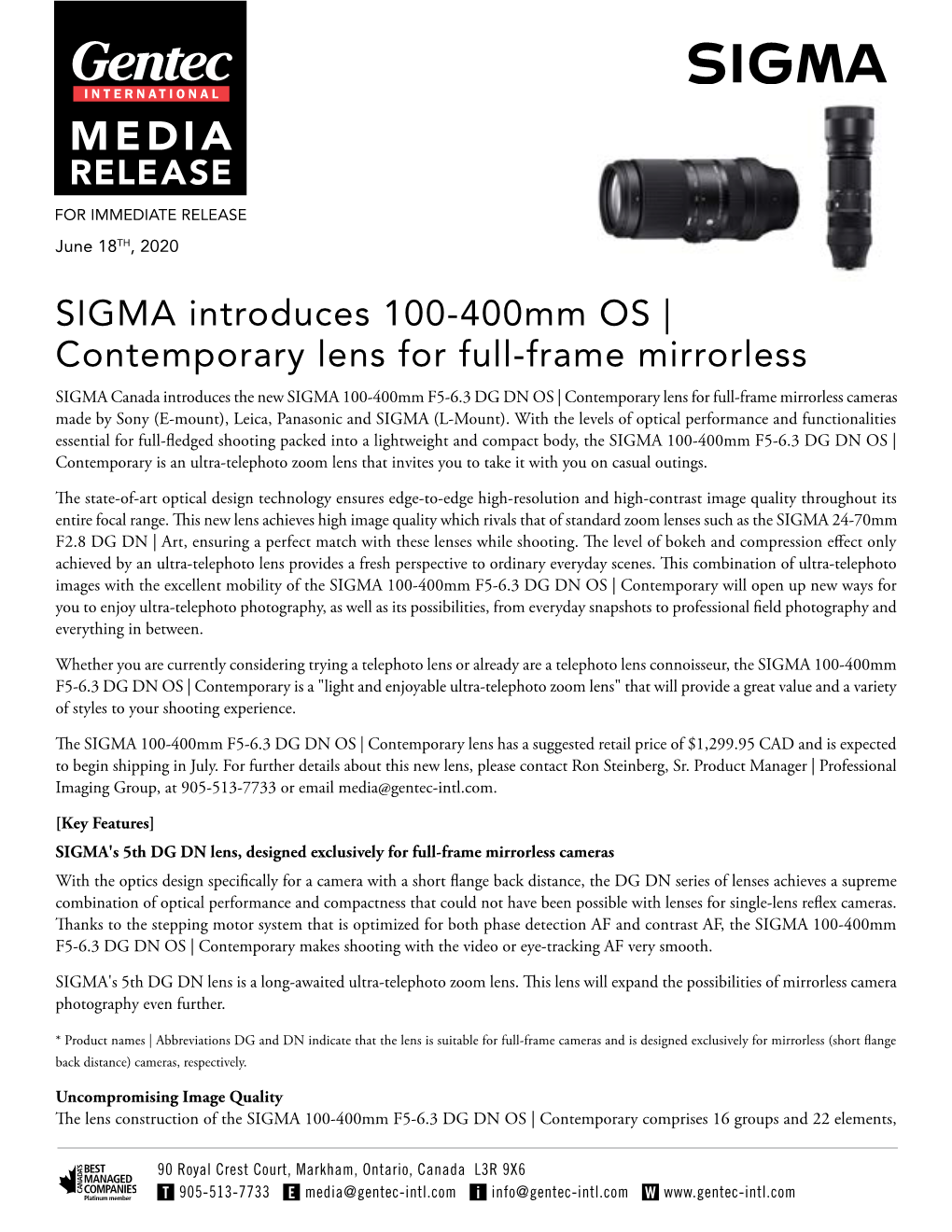 SIGMA Introduces 100-400Mm OS | Contemporary Lens for Full-Frame Mirrorless