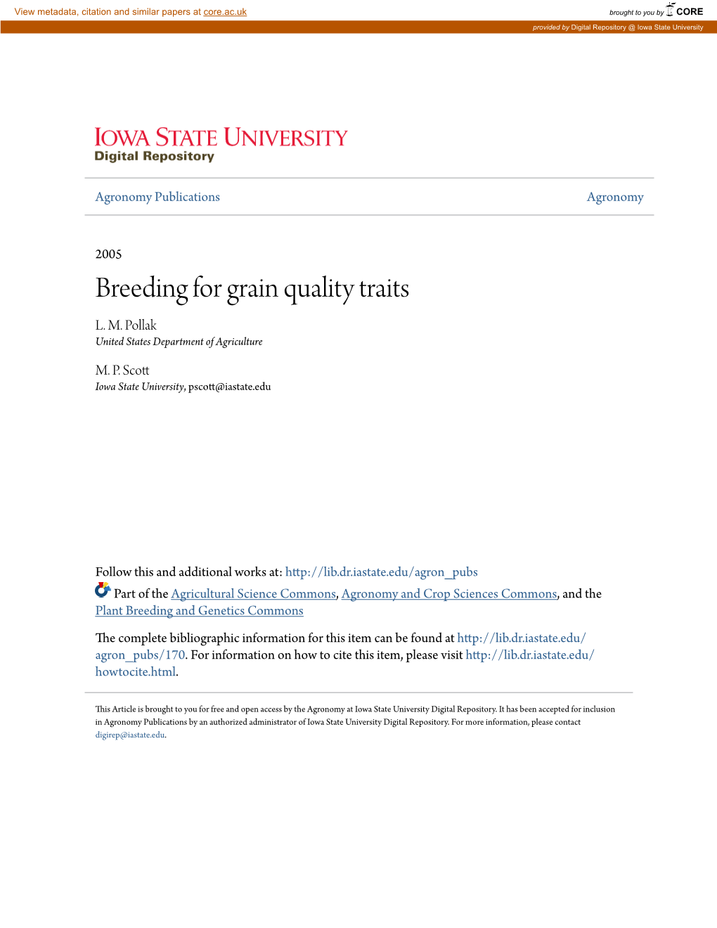 Breeding for Grain Quality Traits L