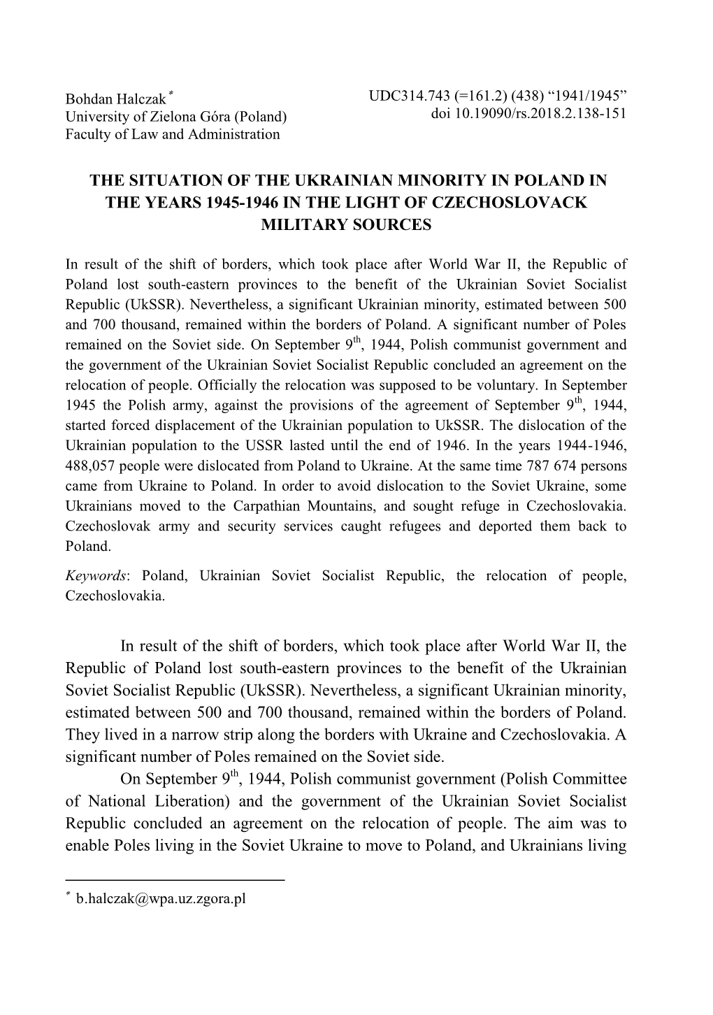 The Situation of the Ukrainian Minority in Poland in the Years 1945-1946 in the Light of Czechoslovack Military Sources