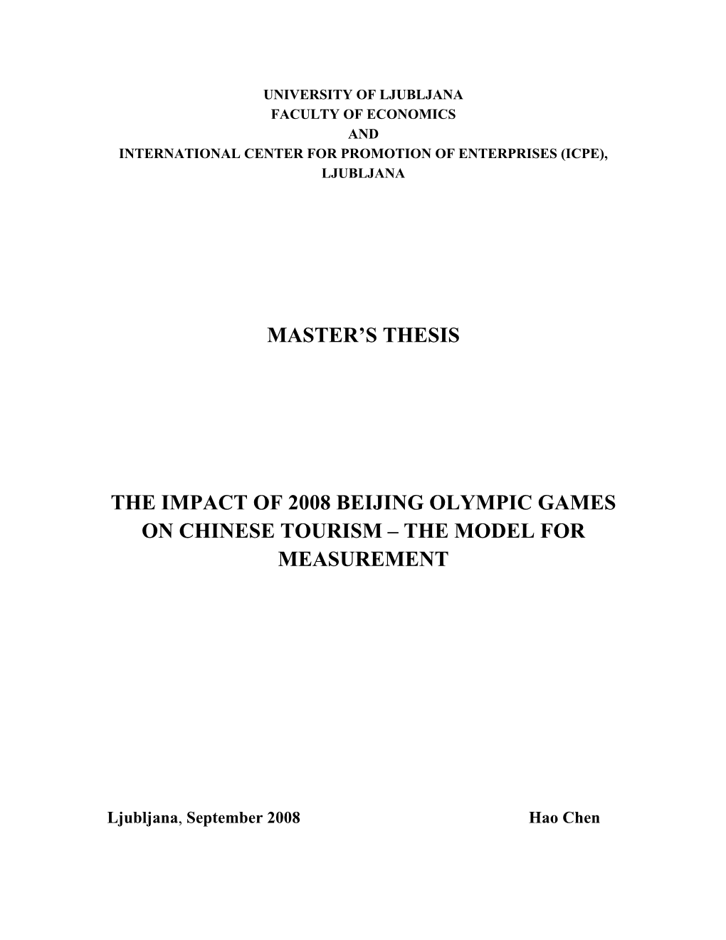 Master's Thesis the Impact of 2008 Beijing Olympic Games on Chinese