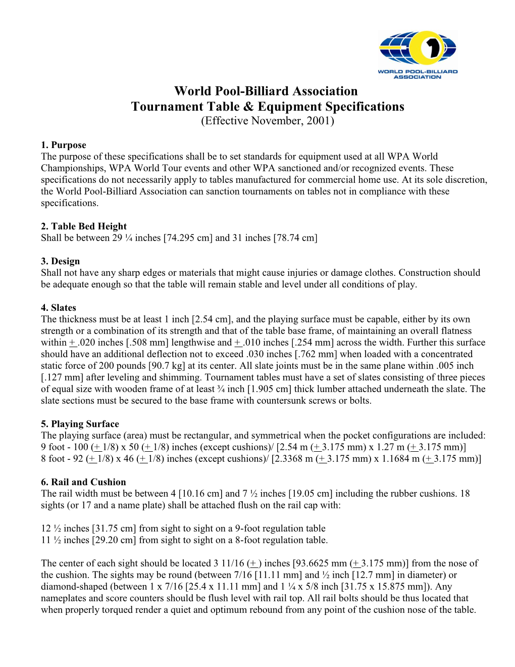World Pool-Billiard Association Tournament Table & Equipment Specifications