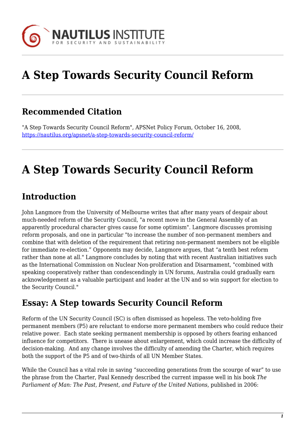 A Step Towards Security Council Reform