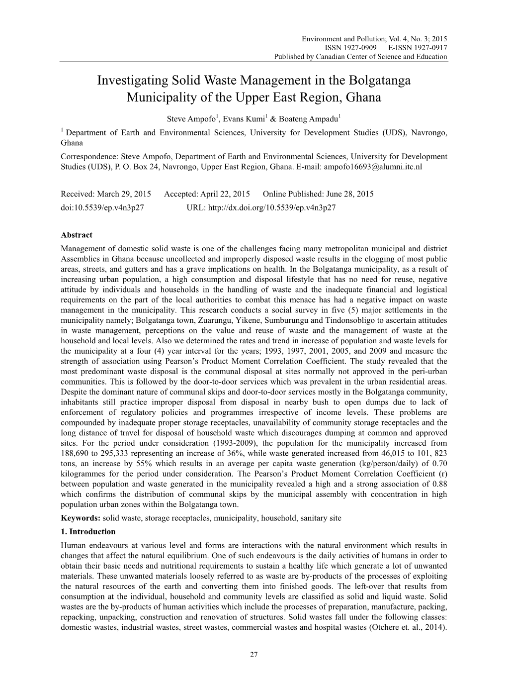 Investigating Solid Waste Management in the Bolgatanga Municipality of the Upper East Region, Ghana