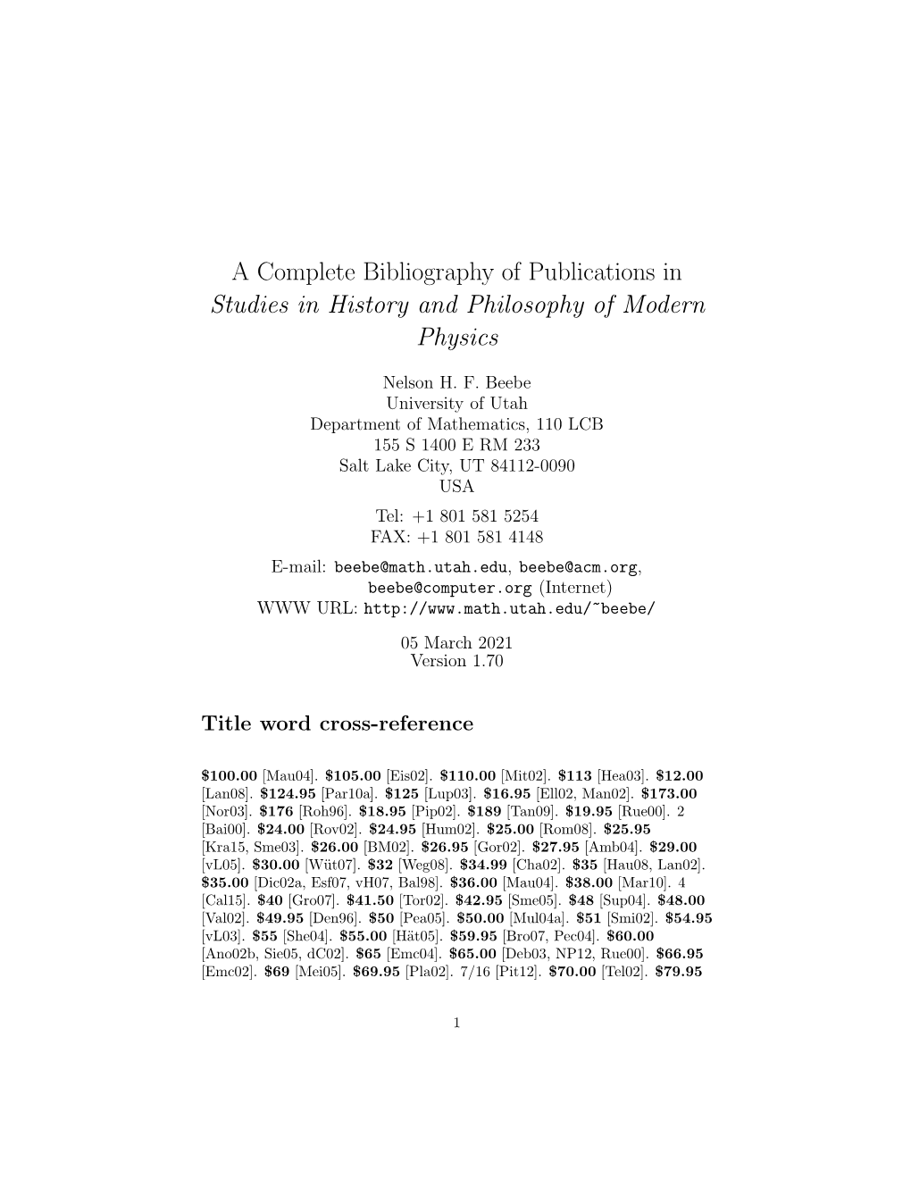 A Complete Bibliography of Publications in Studies in History and Philosophy of Modern Physics