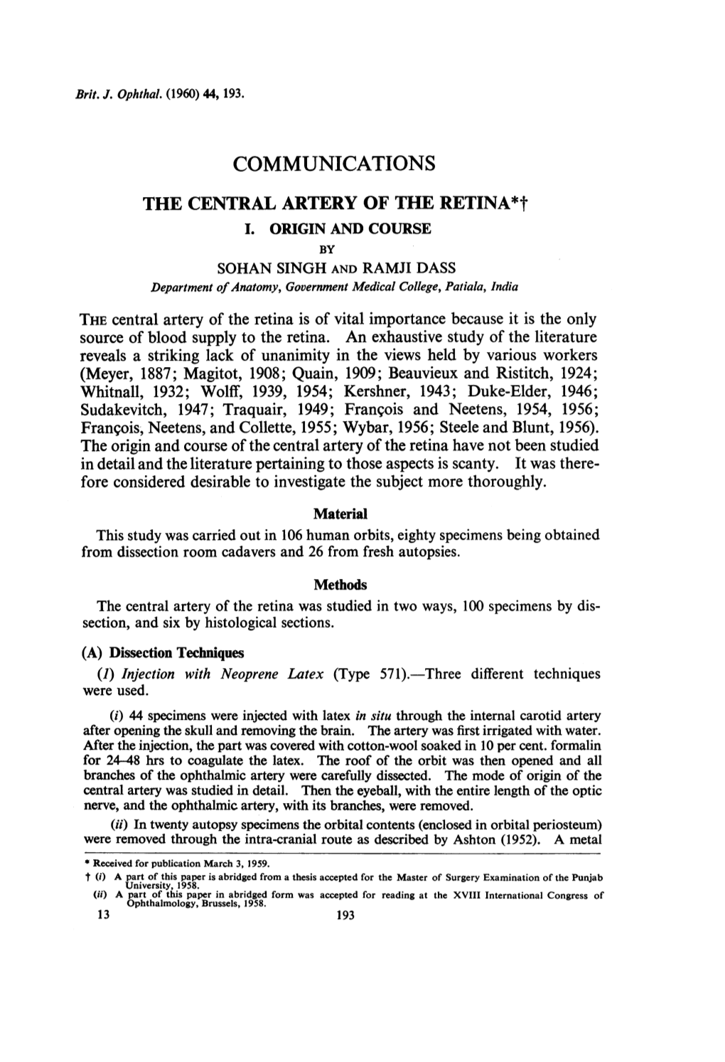 The Central Artery of the Retina I. Origin and Course