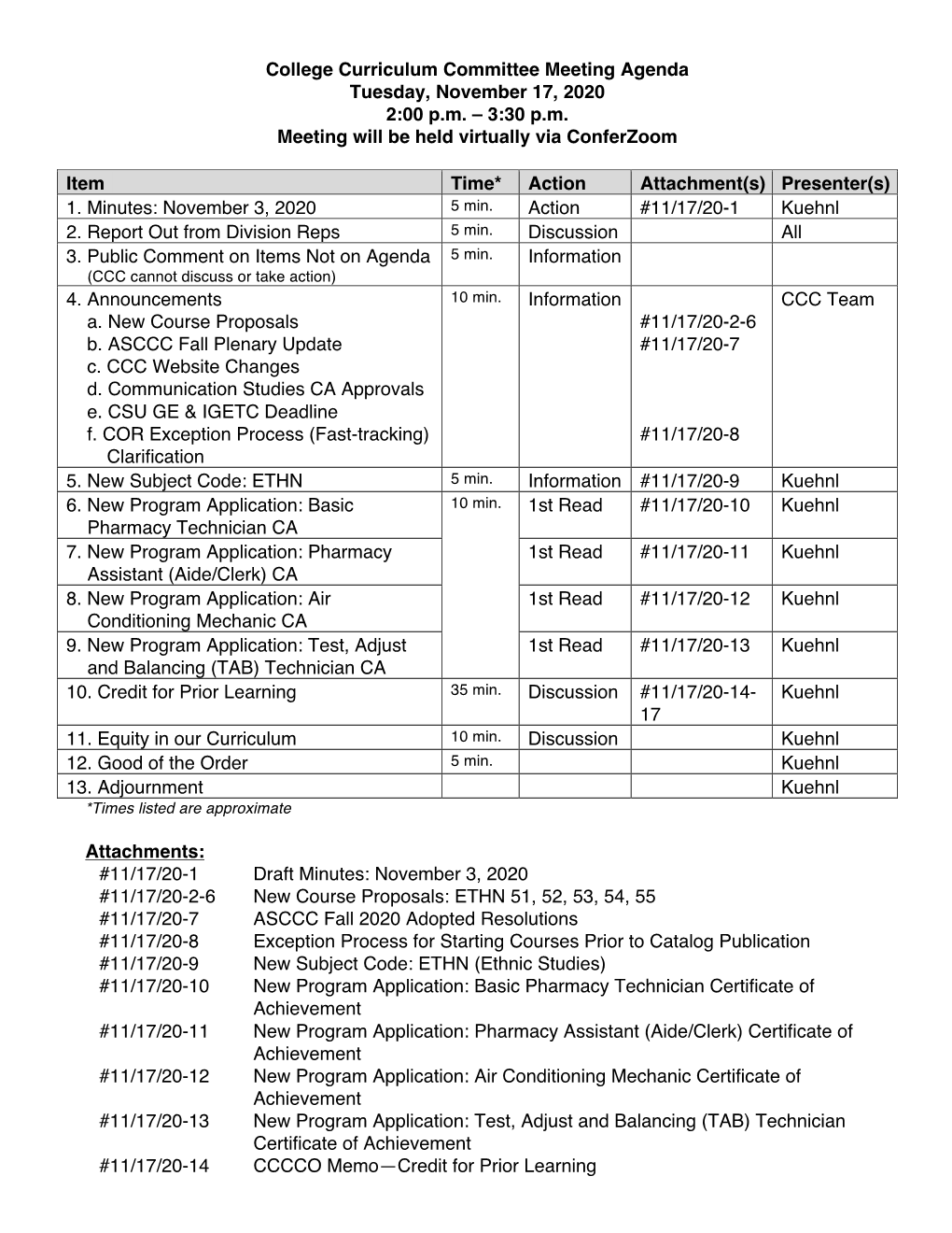 College Curriculum Committee Meeting Agenda Tuesday, November 17, 2020 2:00 P.M