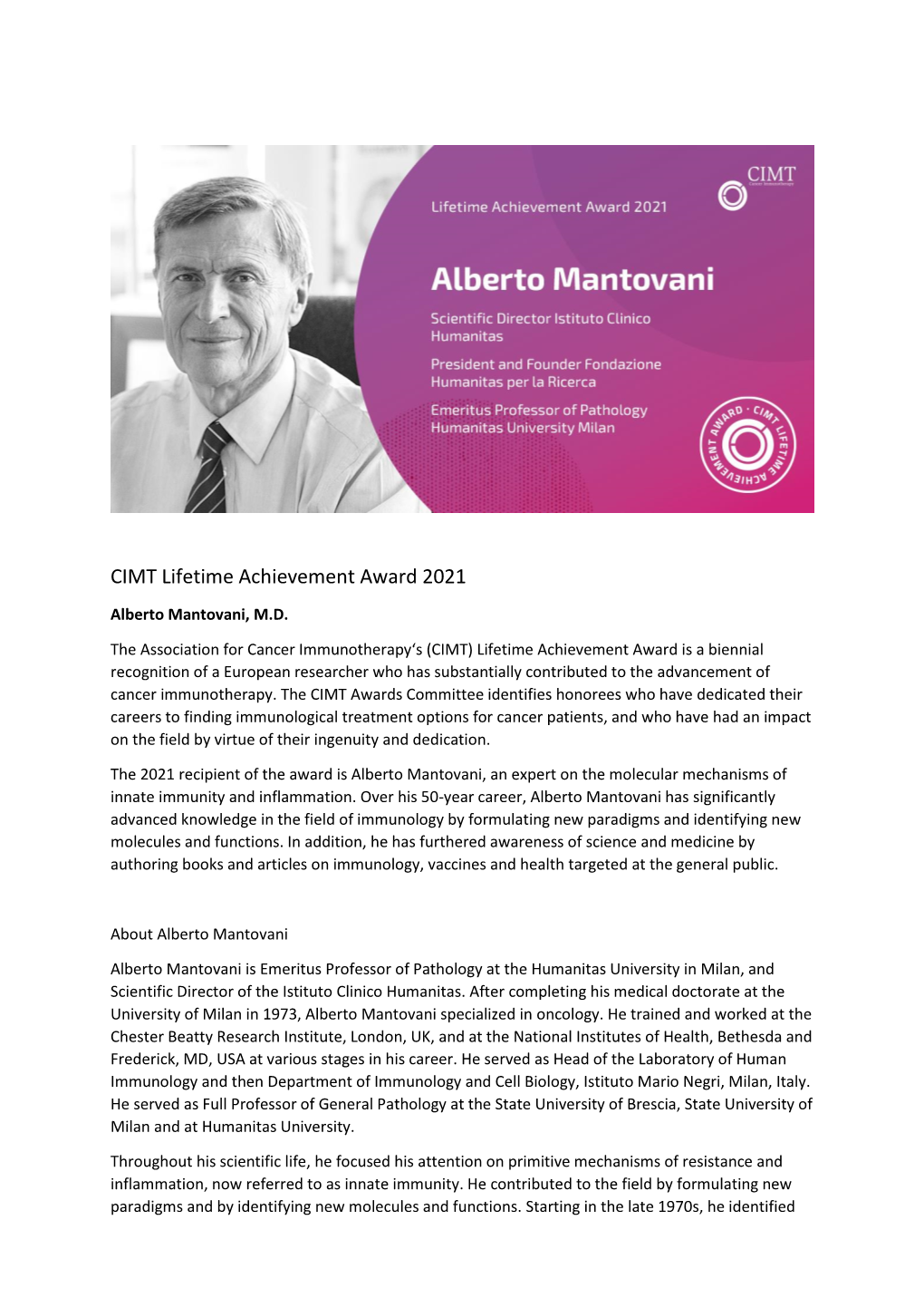 CIMT Lifetime Achievement Award 2021-Alberto Mantovani.Pdf