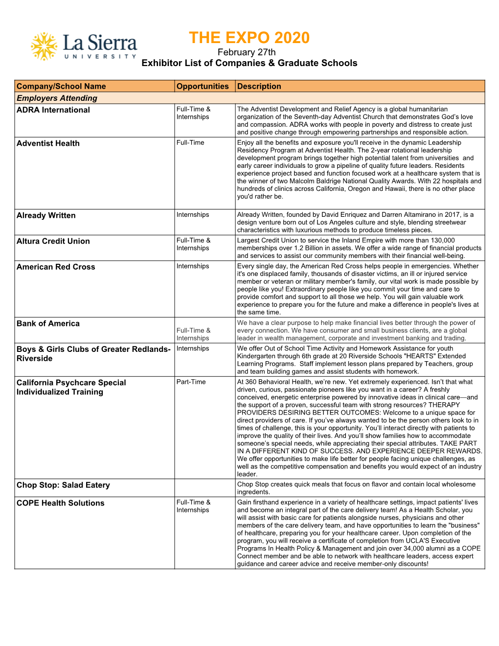 THE EXPO 2020 February 27Th Exhibitor List of Companies & Graduate Schools