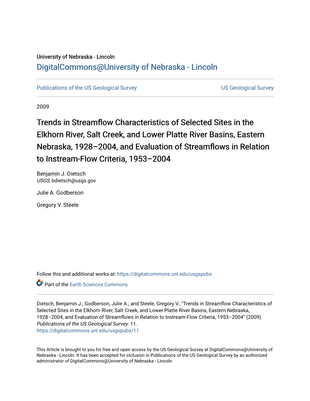 Trends in Streamflow Characteristics of Selected Sites in the Elkhorn