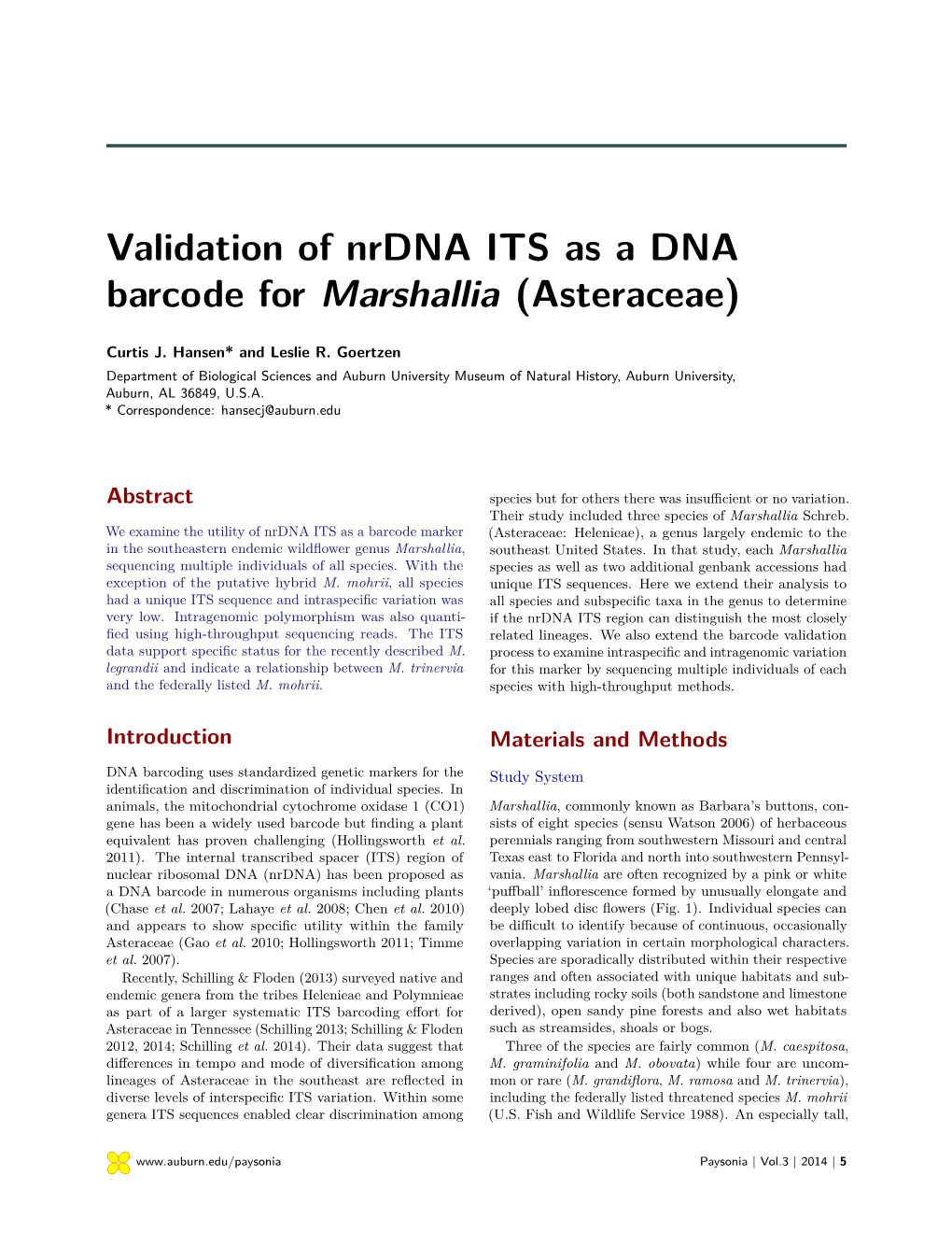 Validation of Nrdna ITS As a DNA Barcode for Marshallia (Asteraceae)