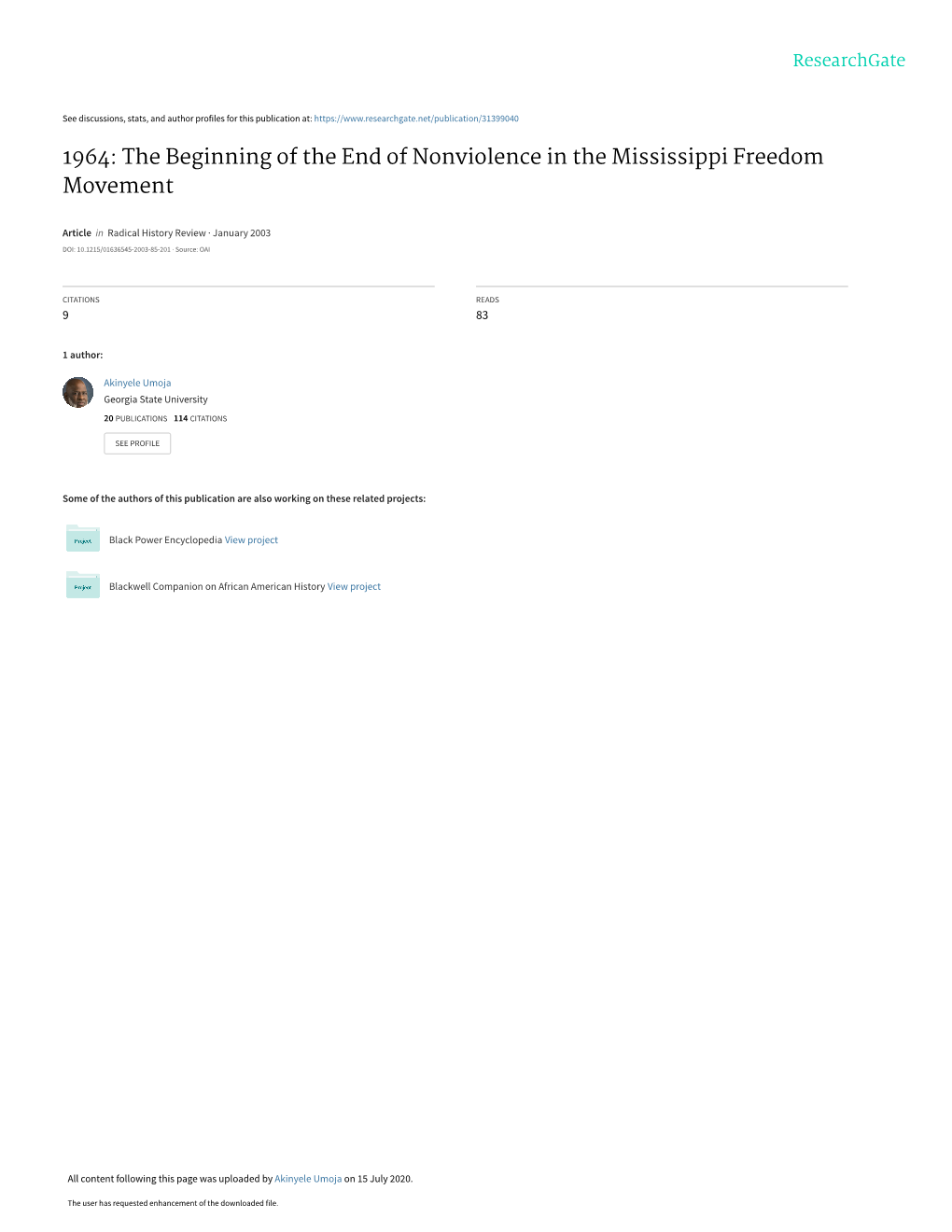 1964: the Beginning of the End of Nonviolence in the Mississippi Freedom Movement