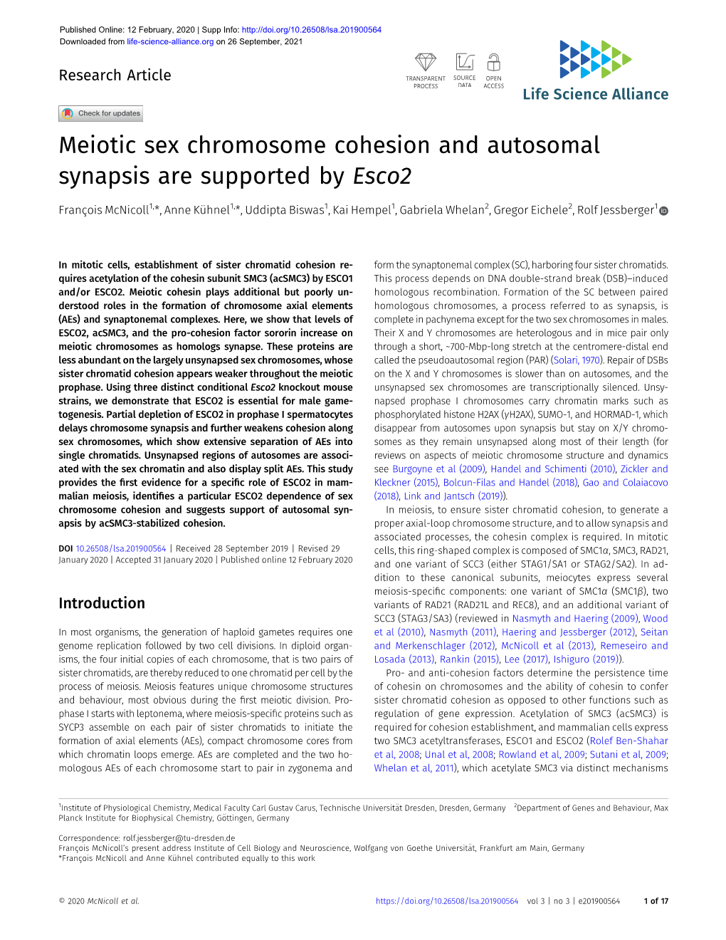 Meiotic Sex Chromosome Cohesion and Autosomal Synapsis Are Supported by Esco2