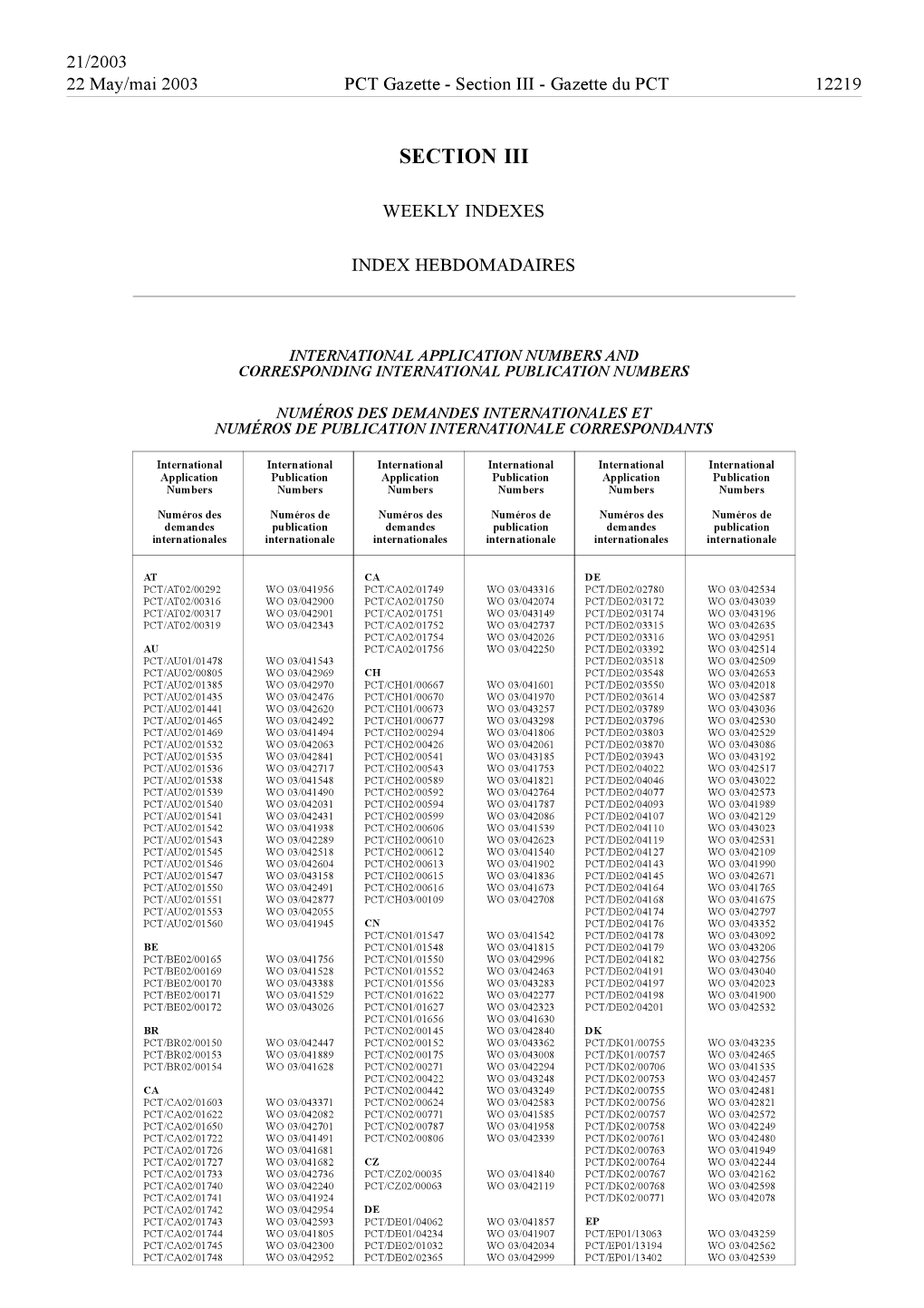 PCT Gazette, Weekly Issue No. 21, 2003