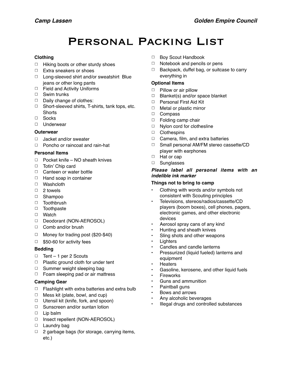 Personal Packing List