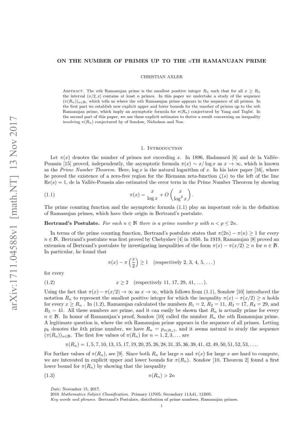 On the Number of Primes up to the $ N $ Th Ramanujan Prime