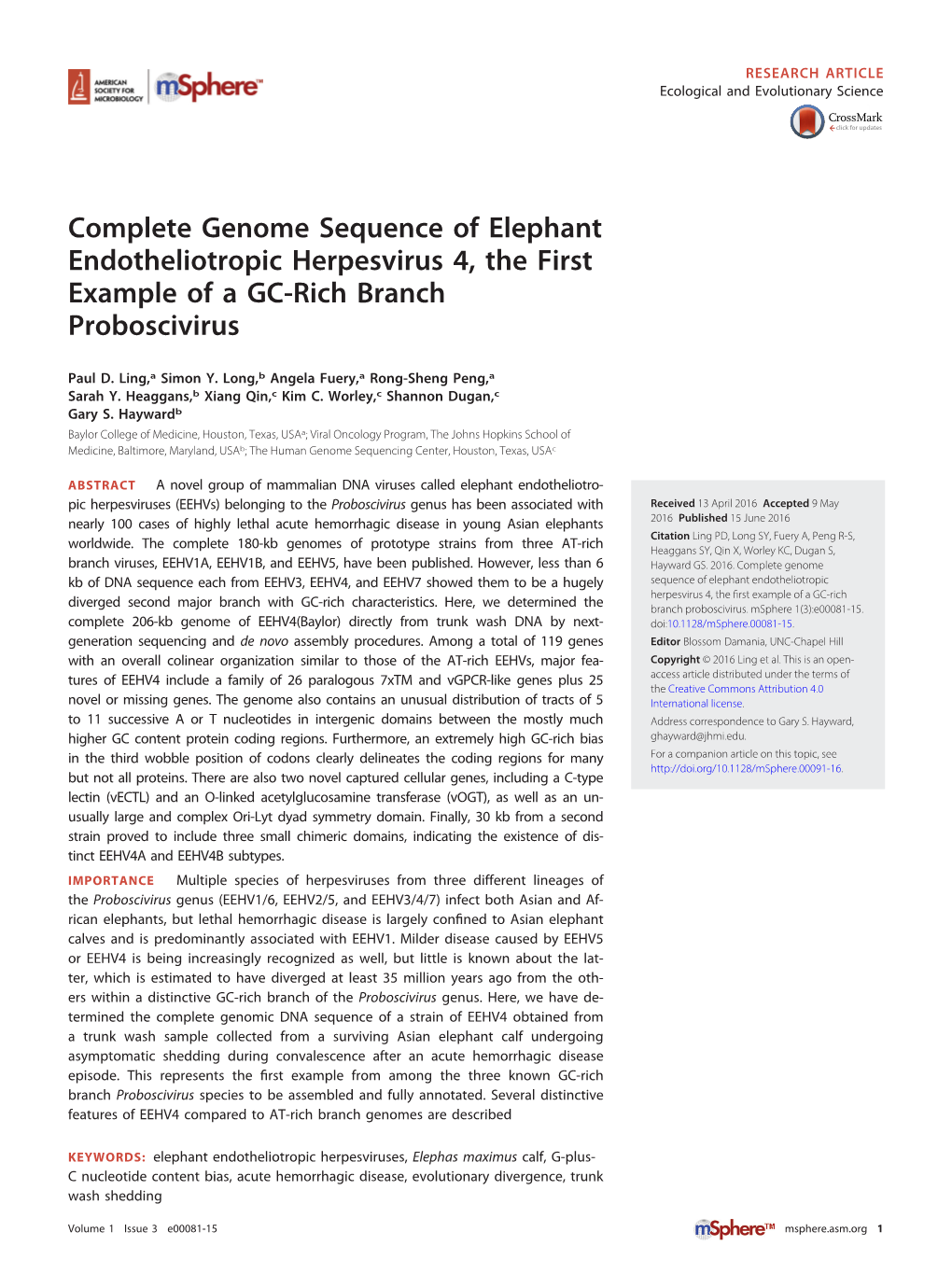 Complete Genome Sequence of Elephant Endotheliotropic Herpesvirus 4, the First Example of a GC-Rich Branch Proboscivirus