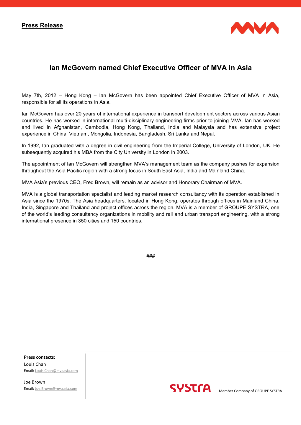 Ian Mcgovern Named Chief Executive Officer of MVA in Asia