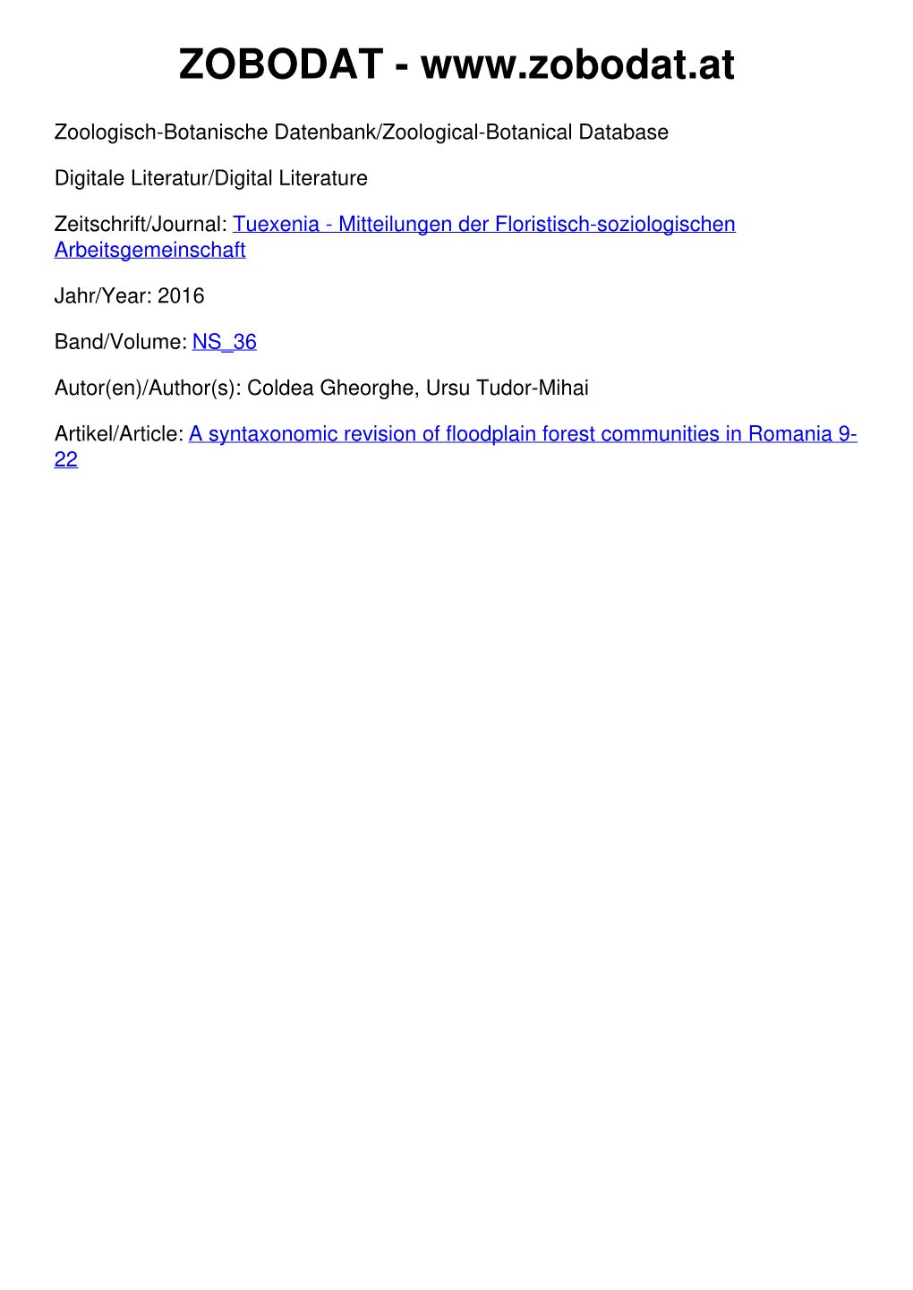 A Syntaxonomic Revision of Floodplain Forest Communities in Romania 9- 22 Tuexenia 36: 9–22