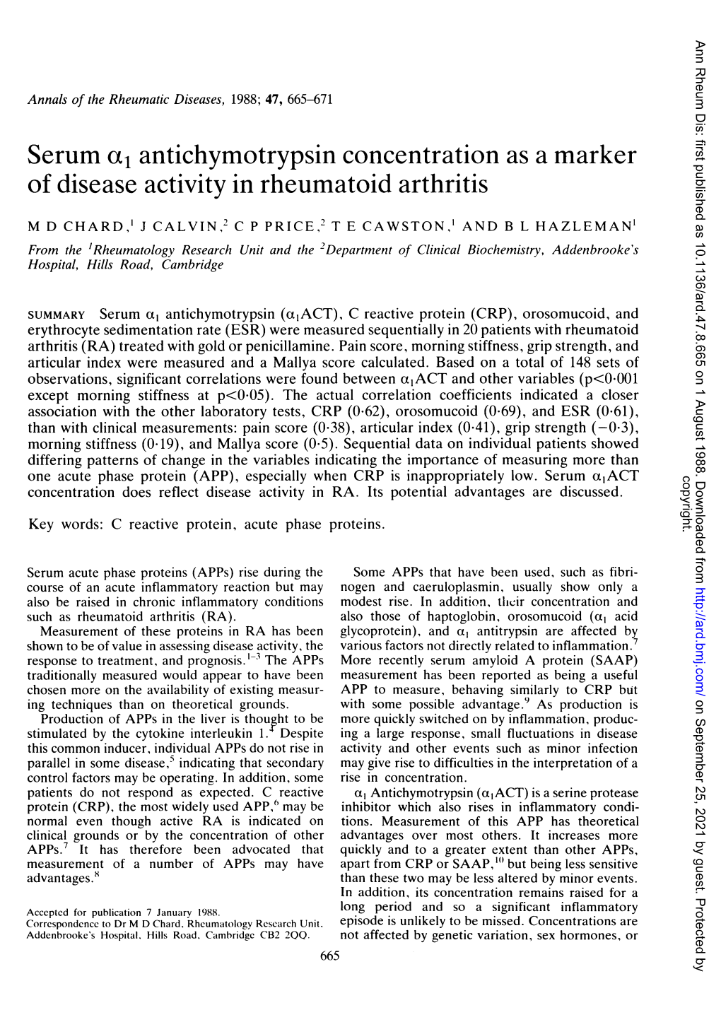 Serum Ac Antichymotrypsin Concentration As a Marker of Disease Activity in Rheumatoid Arthritis