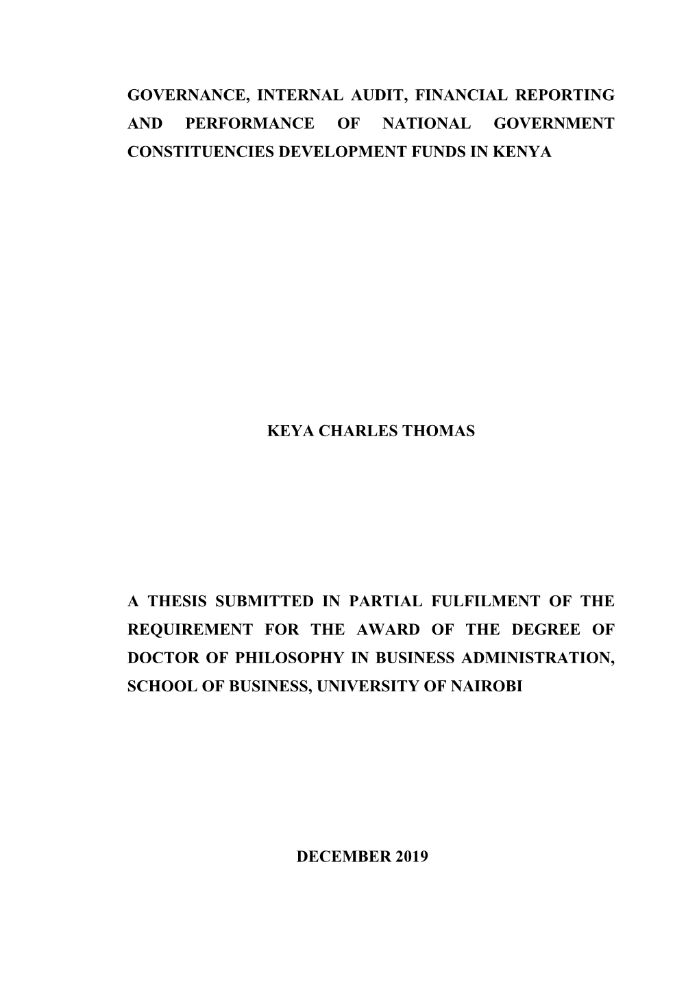 Governance, Internal Audit, Financial Reporting and Performance of National Government Constituencies Development Funds in Kenya