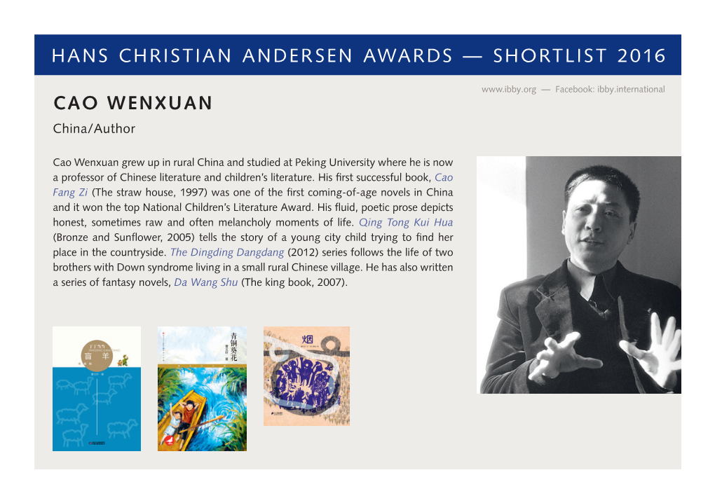 Hans Christian Andersen Awards — Shortlist 2016 Cao Wenxuan