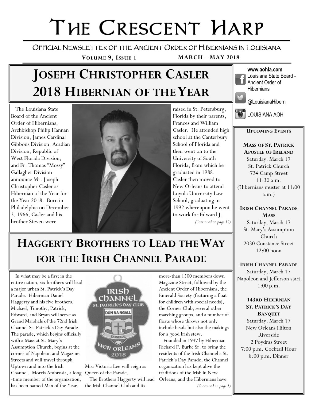 Joseph Christopher Casler 2018 Hibernian of the Year