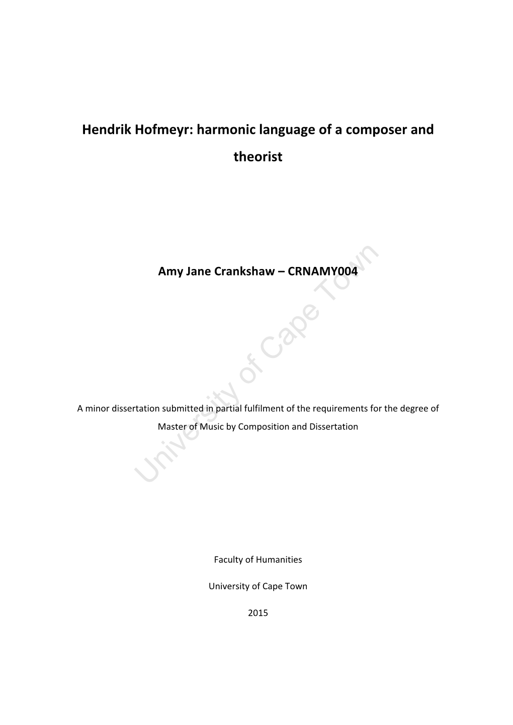 Hendrik Hofmeyr: Harmonic Language of a Composer and Theorist