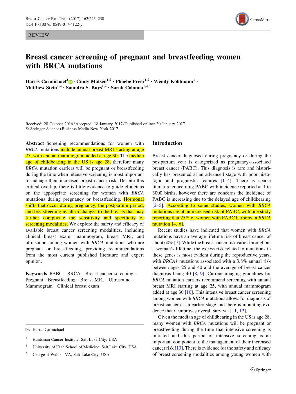 Breast Cancer Screening of Pregnant and Breastfeeding Women with BRCA Mutations