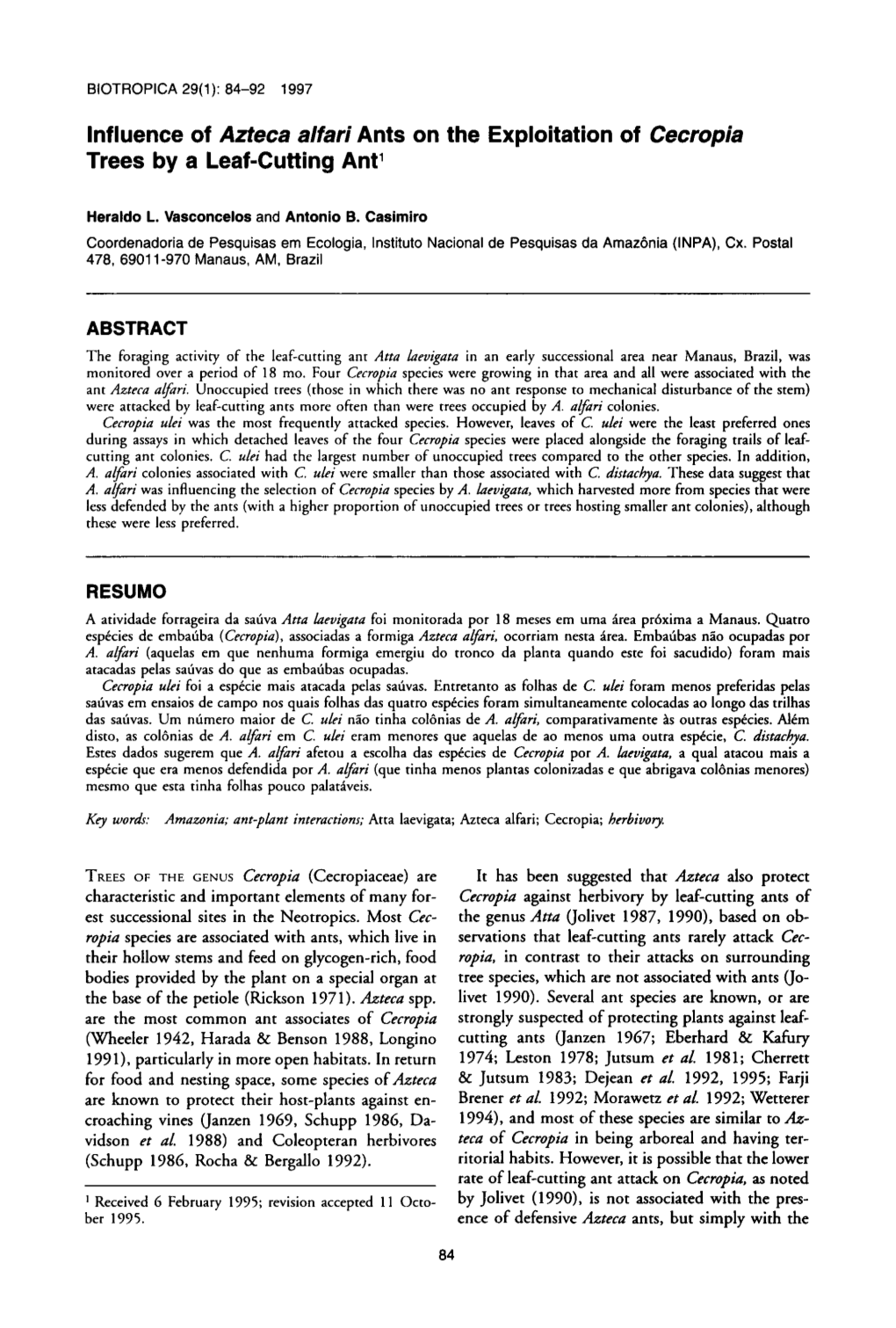 Influence of Azteca Alfari Ants on the Exploitation of Cecropia Trees by a Leaf-Cutting Ant’