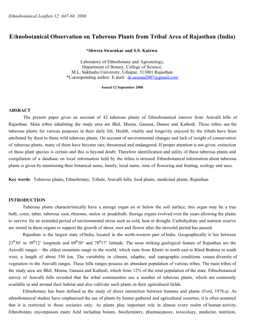 Ethnobotanical Observation on Tuberous Plants from Tribal Area of Rajasthan (India)