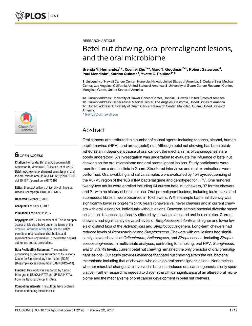 Betel Nut Chewing, Oral Premalignant Lesions, and the Oral Microbiome