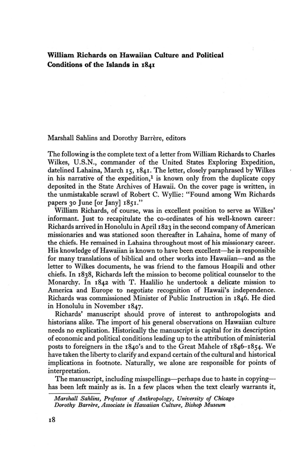 William Richards on Hawaiian Culture and Political Conditions of the Islands in 1841