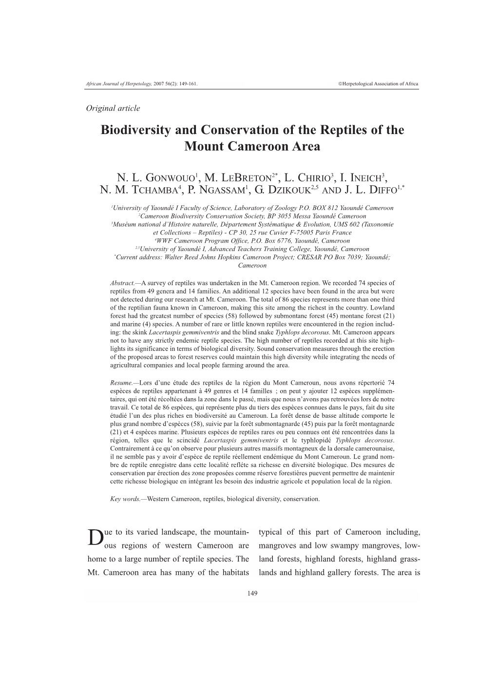 Biodiversity and Conservation of the Reptiles of the Mount Cameroon Area