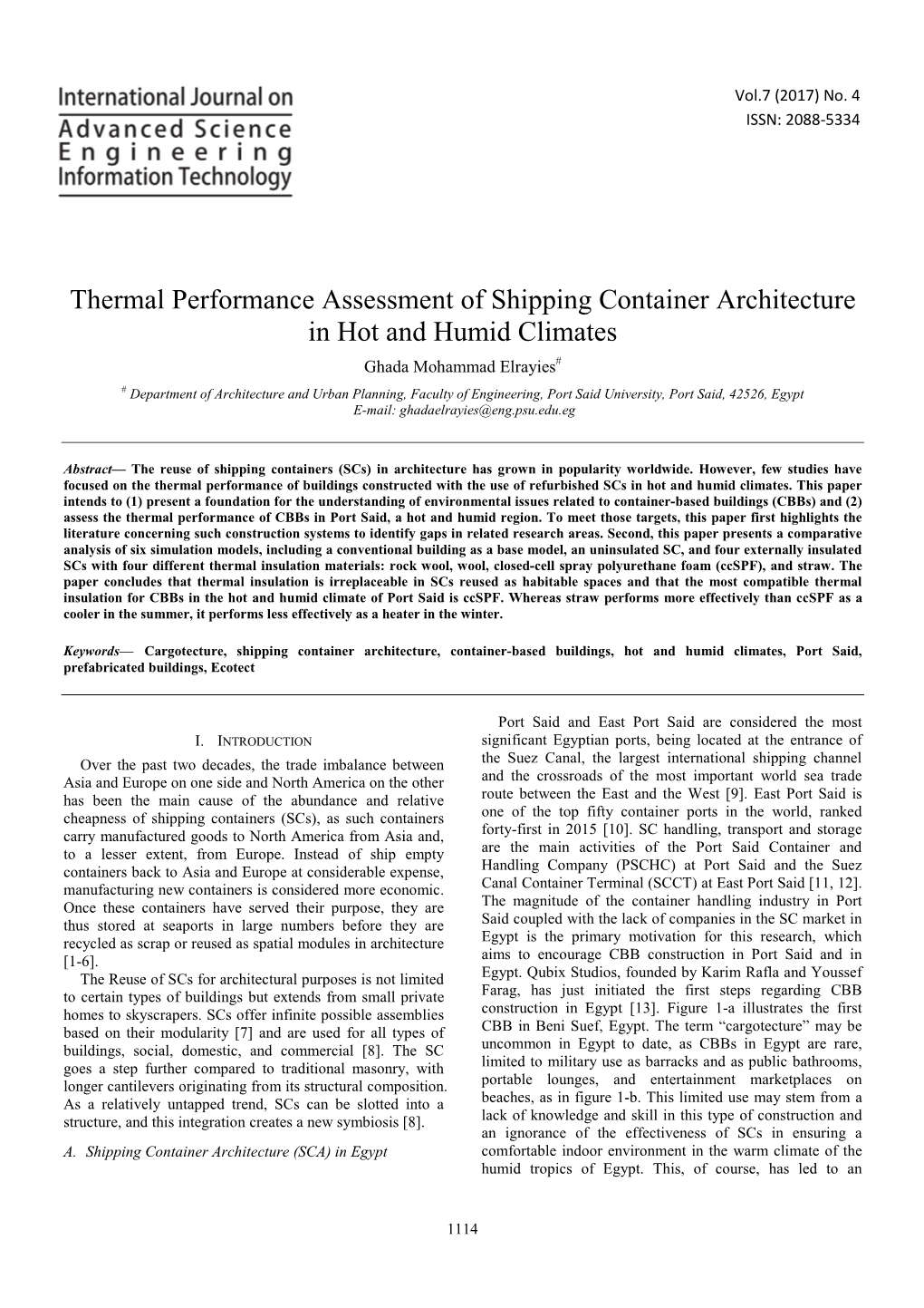 Thermal Performance Assessment of Shipping Container Architecture in Hot and Humid Climates