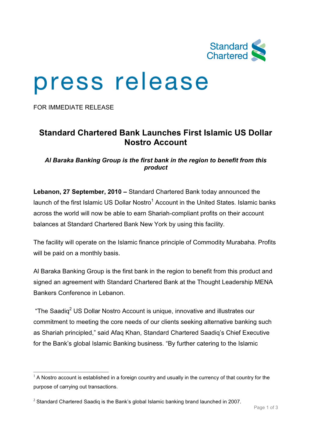 Standard Chartered Bank Launches First Islamic US Dollar Nostro Account