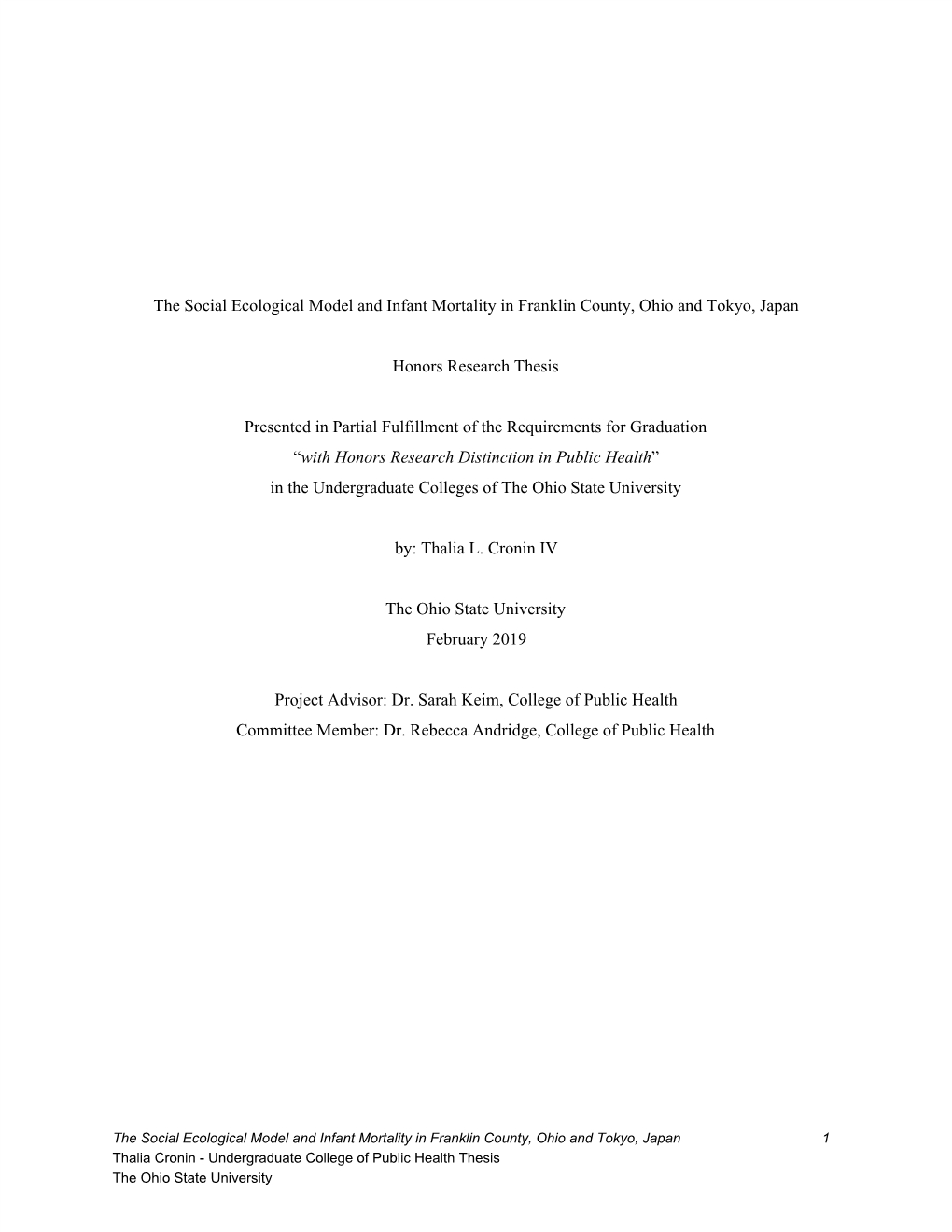 The Social Ecological Model and Infant Mortality in Franklin County, Ohio and Tokyo, Japan