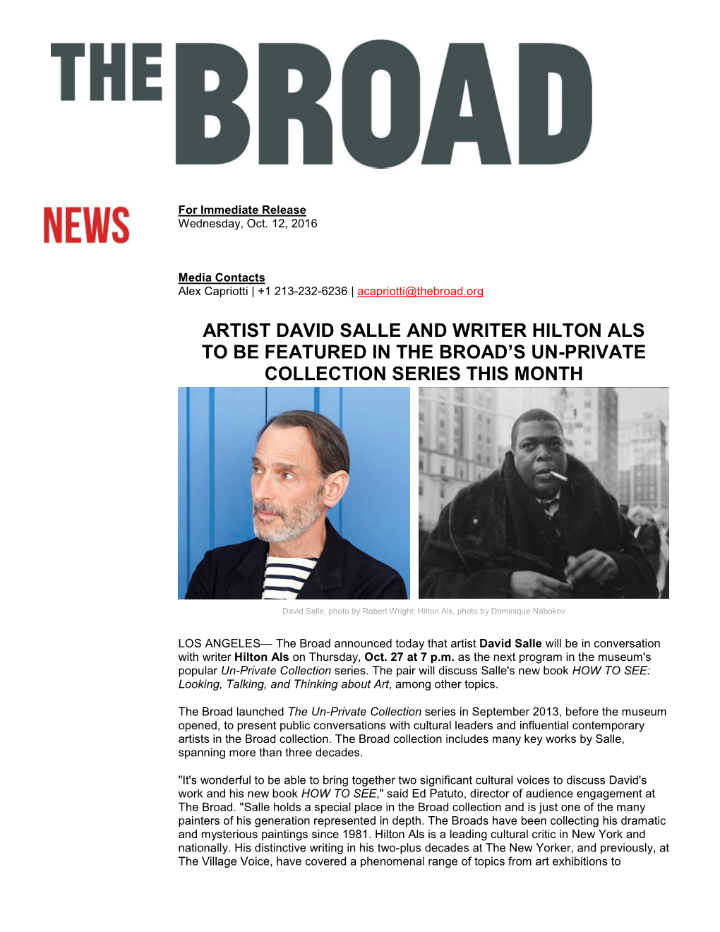 Artist David Salle and Writer Hilton Als to Be Featured in the Broad’S Un-Private Collection Series This Month