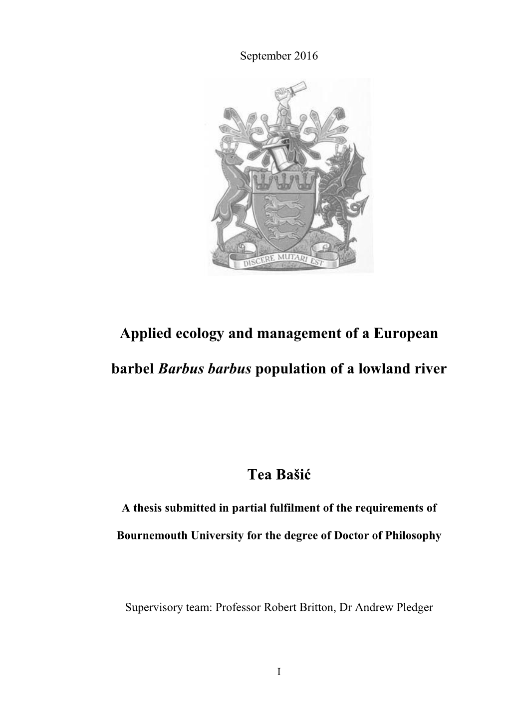 Applied Ecology and Management of a European Barbel Barbus Barbus Population of a Lowland River