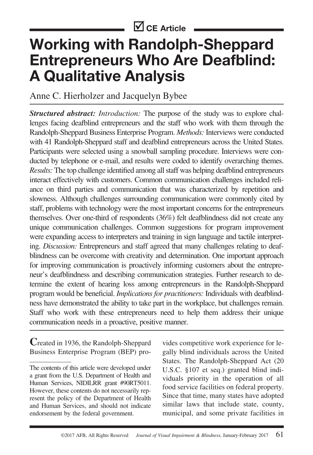 Working with Randolph-Sheppard Entrepreneurs Who Are Deafblind: a Qualitative Analysis Anne C