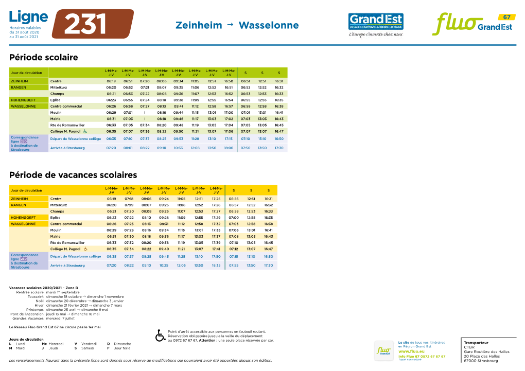 Ligne Horaires Valables Zeinheim  Wasselonne Du 31 Août 2020 Au 31 Août 2021 231