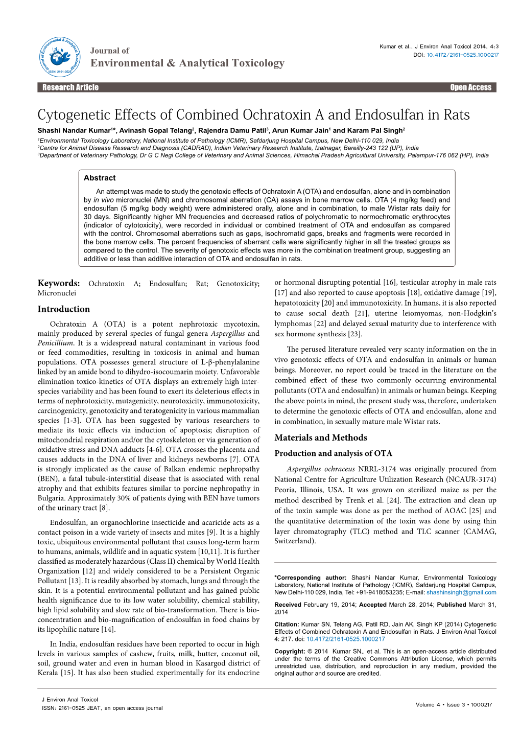 Cytogenetic Effects of Combined Ochratoxin a and Endosulfan in Rats