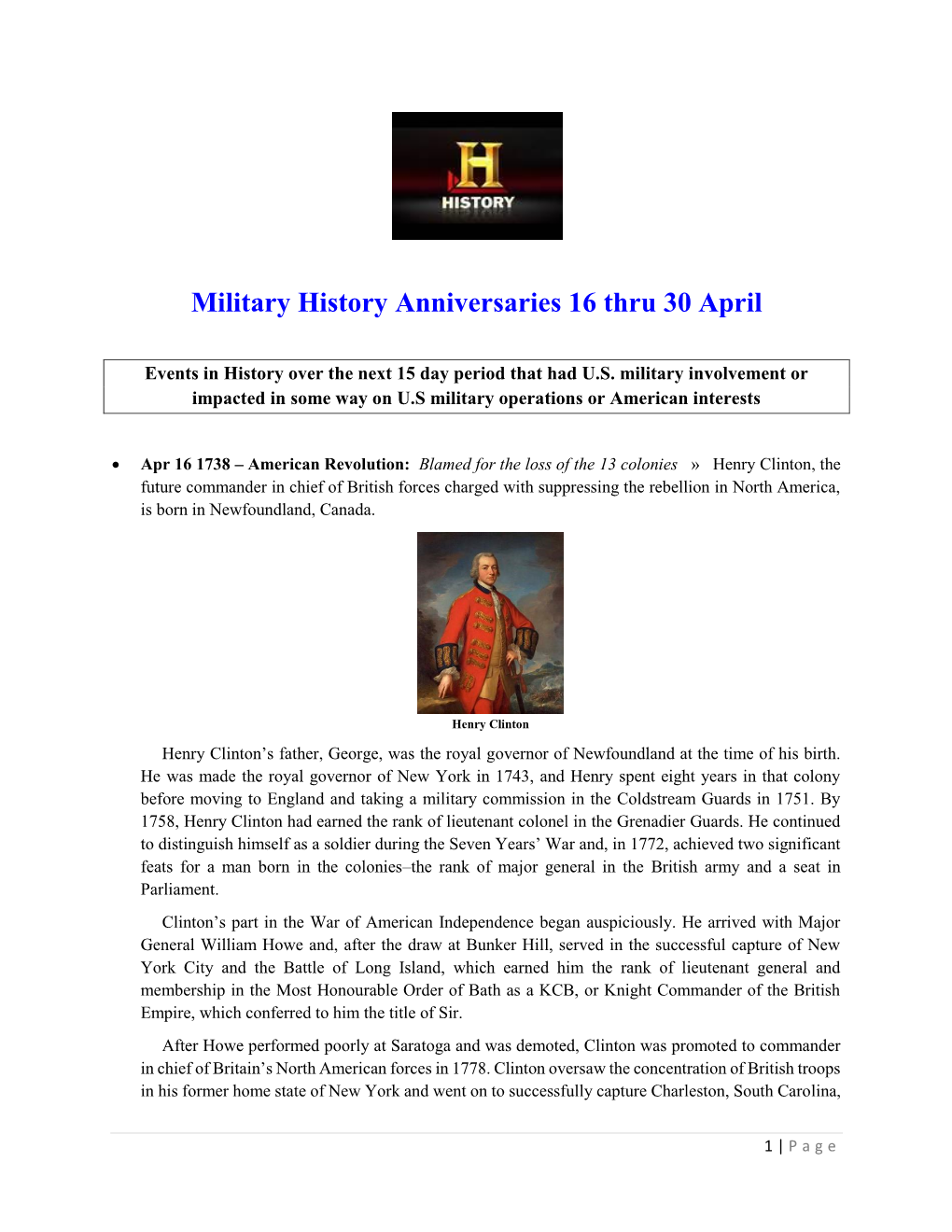 Military History Anniversaries 0416 Thru 043019